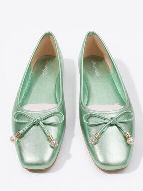 Metallic Mint Ballet Flats with Bow Detail